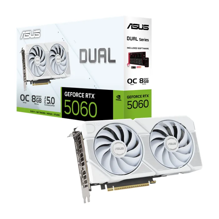 کارت گرافیک ایسوس سفید مدل Dual GeForce RTX 5060 8GB GDDR7 White — سفید | عماد رایان کارت گرافیک ایسوس سفید مدل Dual GeForce RTX 5060 8GB GDDR7 White — سفید